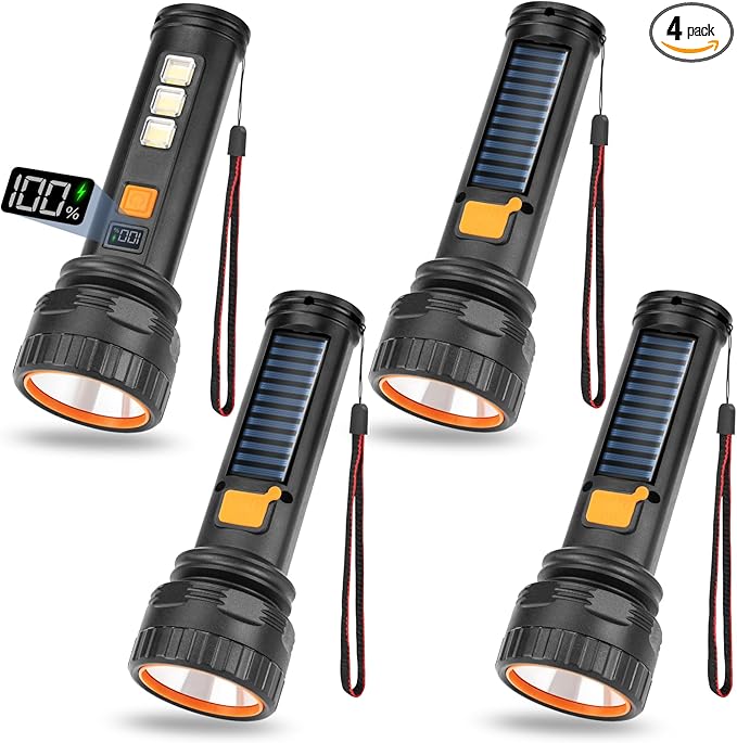 Solar Flashlights, 1500 Lumens Led Solar Powered Flashlights with Digital Display 2000mAh Battery Rechargeable Handheld Flashlights IP65 Waterproof Flashlights for Survival Emergencies, 4 Pack