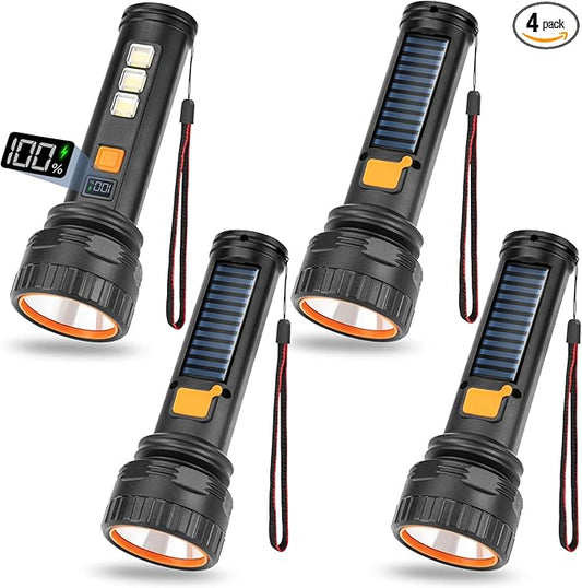 Solar Flashlights, 1500 Lumens Led Solar Powered Flashlights with Digital Display 2000mAh Battery Rechargeable Handheld Flashlights IP65 Waterproof Flashlights for Survival Emergencies, 4 Pack