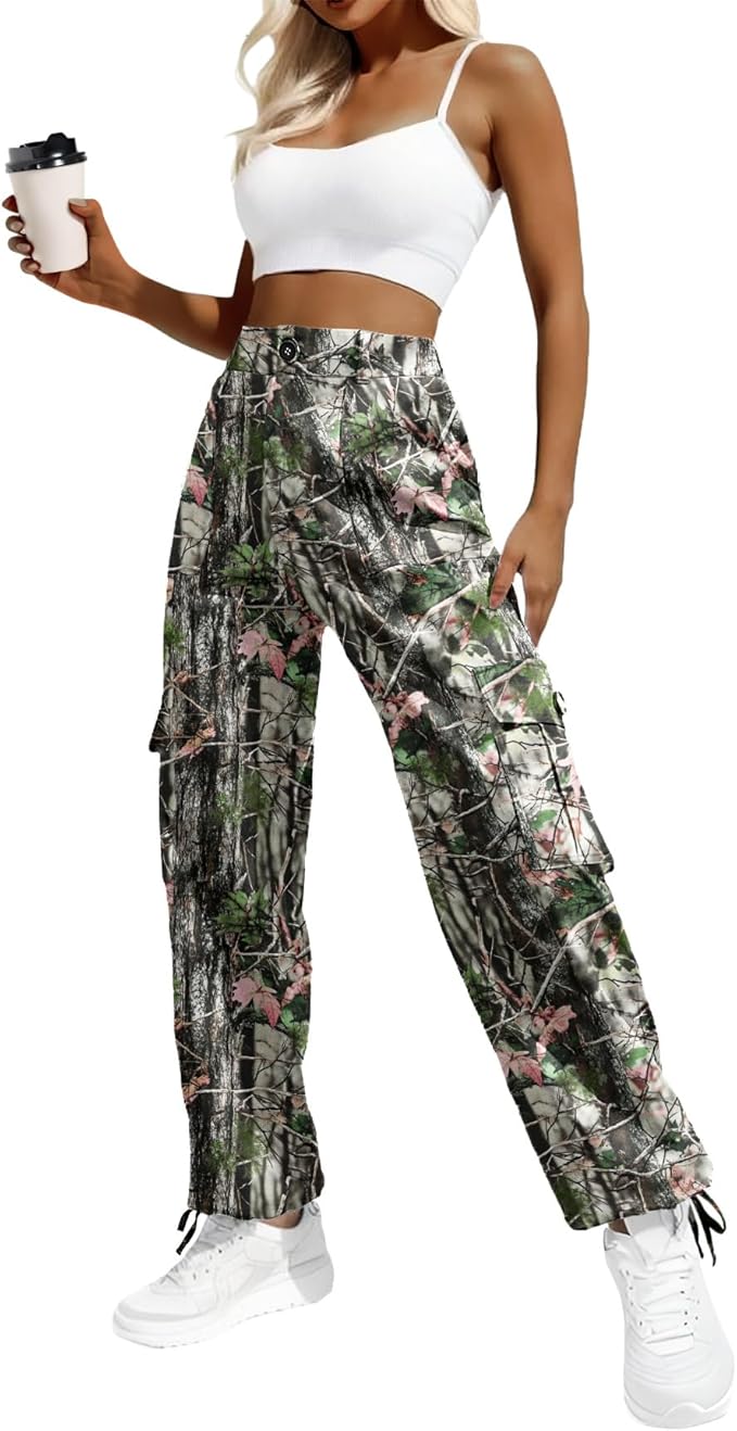 Lepunuo Women's High Waisted Cargo Pants Travel Y2K Streetwear Baggy Stretchy Pants with 6 Pockets Drawstring Ankle Cuffs