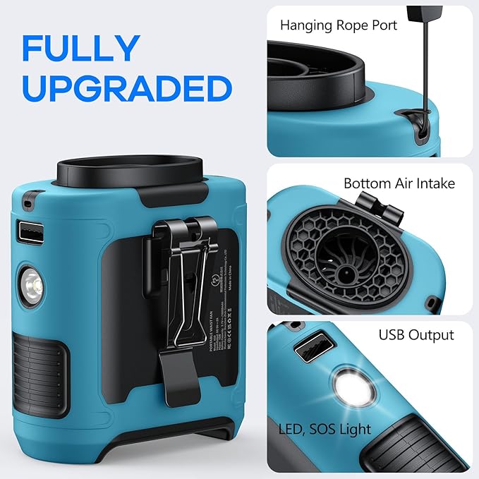 AI Portable Waist Clip Fan, Upgraded 10000mAh Rechargeable Battery Wearable Belt Personal Fan, 16000RPM Powerful 5 Speeds Shirt with Flashlight Neck Hands-Free 40H Cooling (Blue)