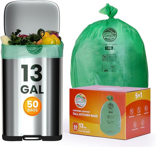 Trash bags 13+ gallon tall kitchen,Compostable Trash Lawn & Leaf Yard Waste Bags,Kitchen Compost Trash Bin Compatible,Extra Thick1.1 Mills,Certified by BPI and OK Compost(50count)