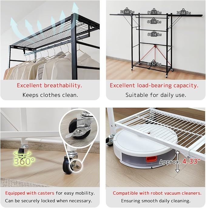 lumizone Folding Clothing Rack with Wheels Expandable Wardrobe Portable Clothes Rack for Hanging Clothes Adjustable Closet Shelves Garment Rack Durable Closet Racks for Hanging Clothes (Pro White)