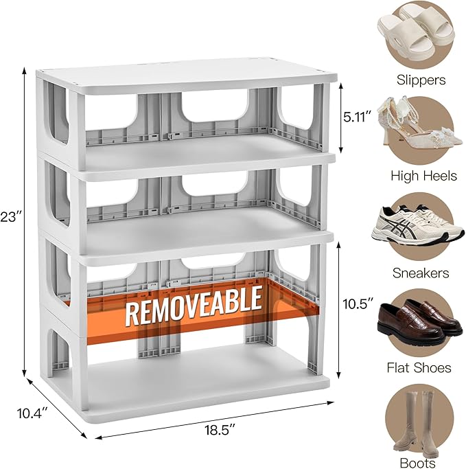 TRZZ 5-Tier Small Shoe Rack, Vertical Narrow Stackable Organizer with Removable Partition, Efficient Shoe Storage for Closet, Entryway, and Small Spaces (Grey)