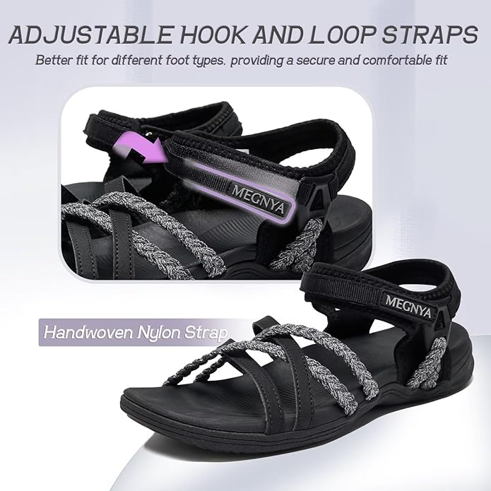 MEGNYA Hiking Sandals for Women, Arch Support Comfortable Walking Sandals Hook Loop Strap, Sports Lightweight Slides