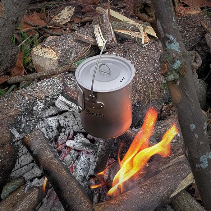 GRITR Titanium Mug, 15.2 fl oz / 25.4 fl oz | Camping, Backpacking, Picnic, Hiking, Travel, Outdoor Cooking Gear w/Lid & Folding Handles | Ultralight Multi-Purpose Metal Cup for Water, Coffee, Tea
