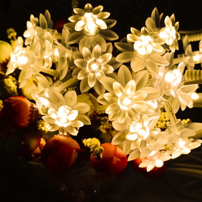 USB & Battery Operated Flower Fairy Lights, 10ft 30 LED Twinkle Diwali Soft Rubber Lotus Floral Lamps with Timer for Kids' Room Garden Patio Christmas Easter Tree Wall Hanging Decor, Warm White