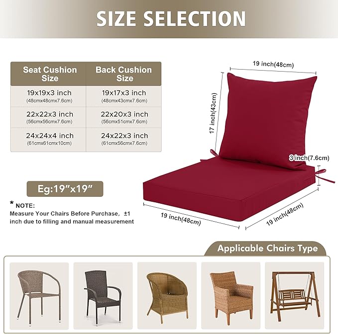 Outdoor Chair Cushions, Waterproof Outdoor Cushions for Patio Furniture w/Fade-Resistant, Removable & Machine-Washable Covers, 19x19 Inch, Ideal for Seat in Gardens/Porch – Set of 4, Burgundy