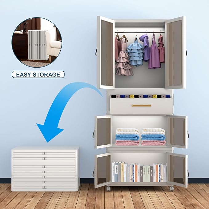 Portable Kids Wardrobe, Plastic Closet Organizer with Hanging Rod, Collapsible Wardrobe Closet Storage Cabinet for Bedroom, Easy to Install (White, Large)