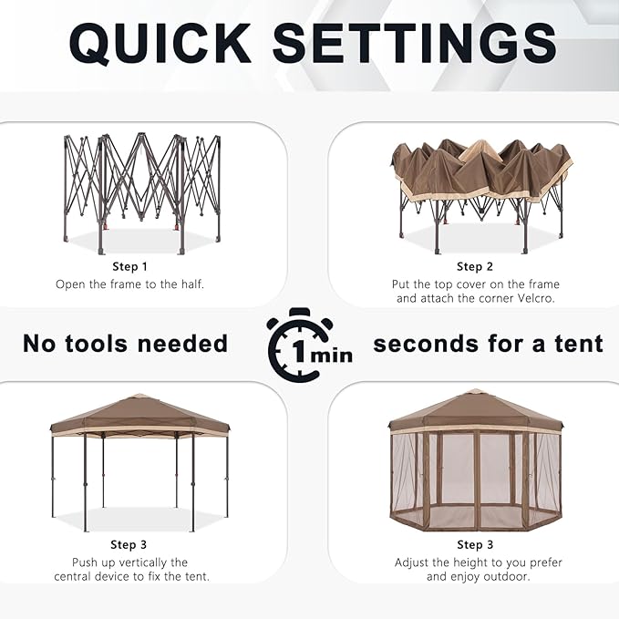 COOSHADE Pop up Canopy, 10X12 Pop up Tent with Mesh Walls, 6 Sides Gazebo, Patented 1 Step Lock Tech, Screened House for Outdoor/Camping/Lawn/Trip/Gathering, Khaki and Brown