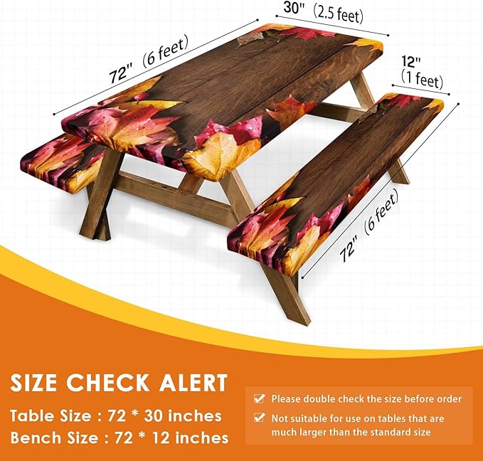 Picnic Table Cover with Bench Covers Elastic Edges, Maple Fall Fitted Table Cover, Outdoor Patio Camping Essentials 72 Inch 3PCS, Waterproof Camping Fitted Tablecloth with Drawstring Bag
