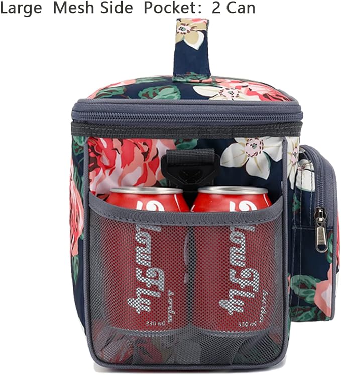 FlowFly Insulated Reusable Lunch Bag Adult Large Lunch Box for Women and Men with Adjustable Shoulder Strap,Front Zipper Pocket and Dual Large Mesh Side Pockets,Peony