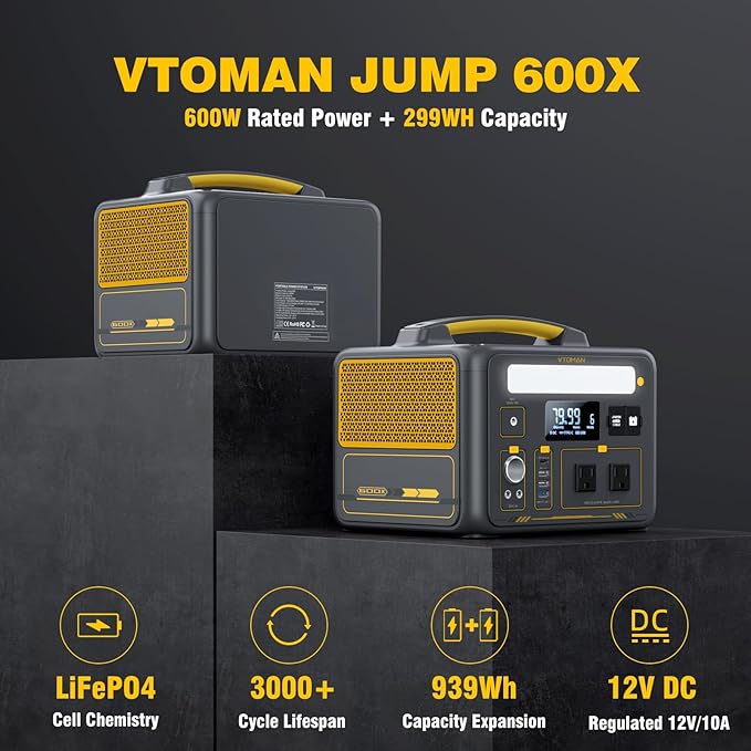 VTOMAN Jump 600X Solar Generator with 200W Solar Panel, 299Wh Portable Power Station with 2x 600W AC Outlets (Surge 1200W) for Outdoor Camping, Vehicle Emergency, Electric Backup