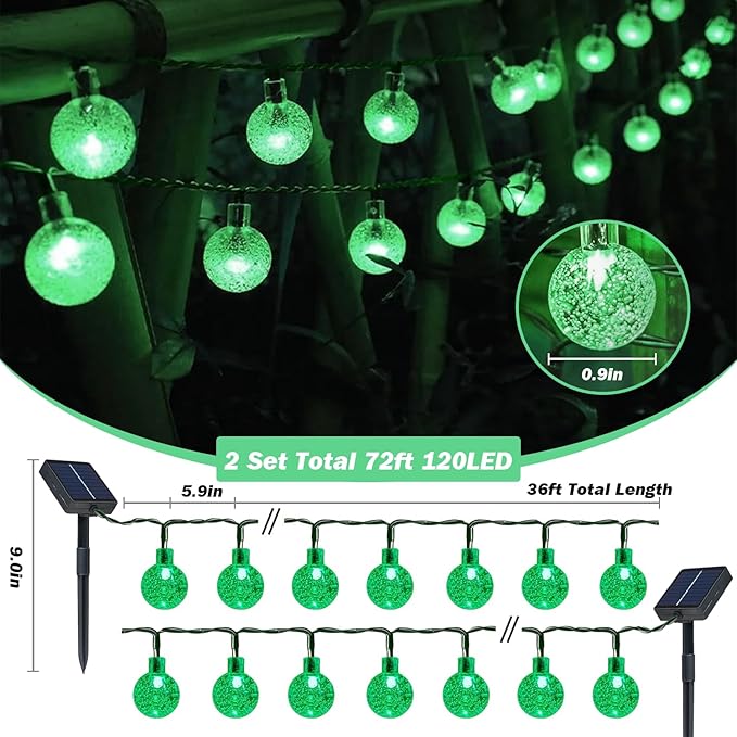 Solar Lights Outdoor Waterproof, 2 Pack Total 120LED 72FT Solar String Lights for Outside with 8 Modes, Outdoor String Lights Crystal Globe Patio Lights for Garden Yard Party Decor (Green)