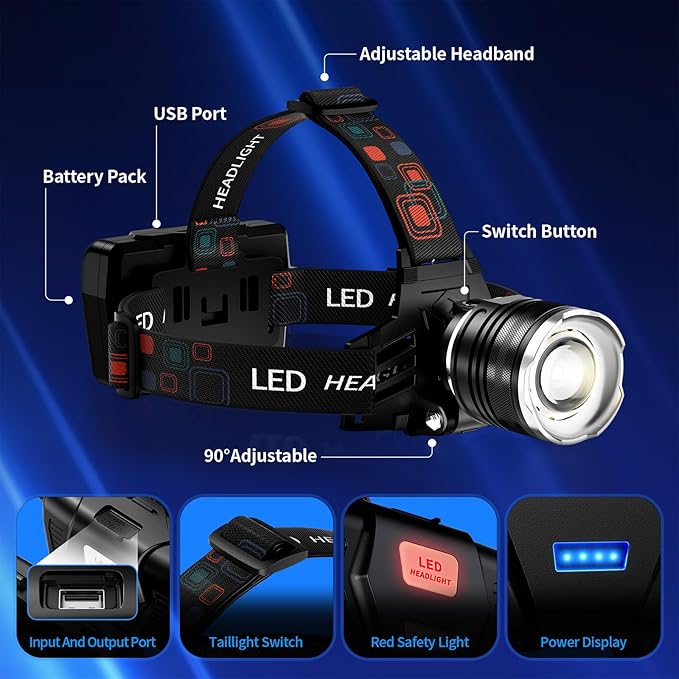 Rechargeable Headlamp 3000 Lumens, 5 Modes Head Lamp for Forehead Zoomable, Super Bright Headlamp for Adults Waterproof, 90° Adjustable Head light & 9000mAh Long Runtime for Camping, Hunting, Hiking