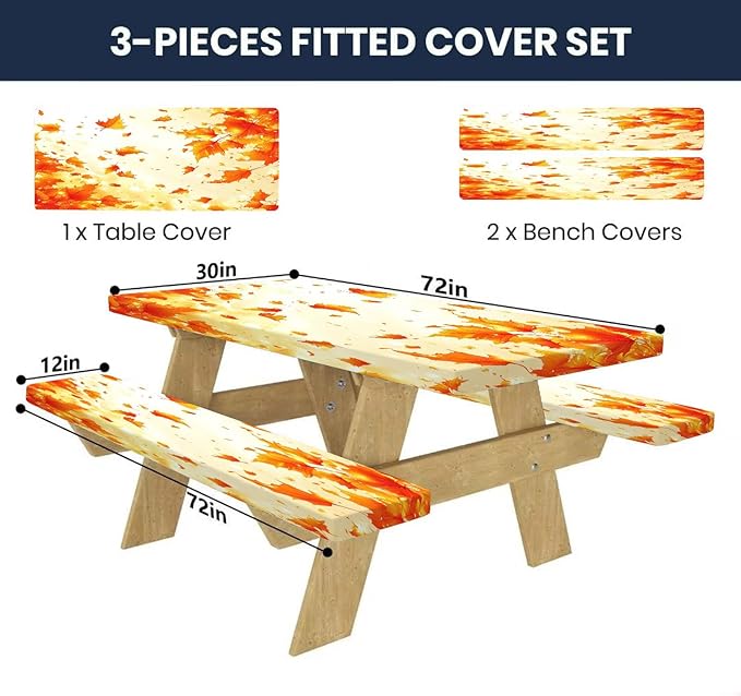 CAPSCEOLL Fitted Picnic Table Cover with Bench Covers with Elastic 6Ft Waterproof Camping Picnic Table Cover Cloths for Outdoors Camping Tablecloth with Drawstring Bag, 72X30in, Fall Maple