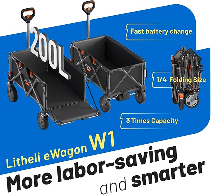 Litheli Electric Utility Wagon Cart, 200L Capacity, 300 lbs Load, Foldable Heavy-Duty Design with All-Terrain Wheels, Variable Speed Drive & Battery Power for Camping, Beach, Garden & Shopping