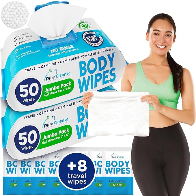 Dura Cleanse Body Wipes for Adults Bathing No Rinse (2 Pack) 100 XL Shower Wipes + 8 Travel Bath Sheets - 9" x 12" Extra Thick Adult Disposable Washcloths for Elderly Incontinence & Camping Essentials