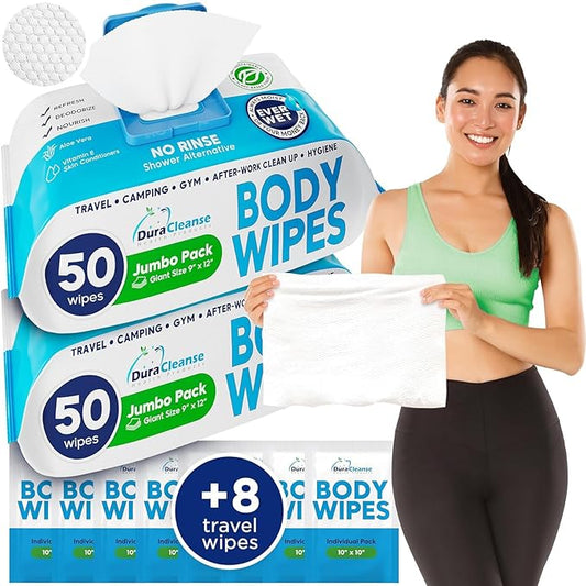 Dura Cleanse Body Wipes for Adults Bathing No Rinse (2 Pack) 100 XL Shower Wipes + 8 Travel Bath Sheets - 9" x 12" Extra Thick Adult Disposable Washcloths for Elderly Incontinence & Camping Essentials