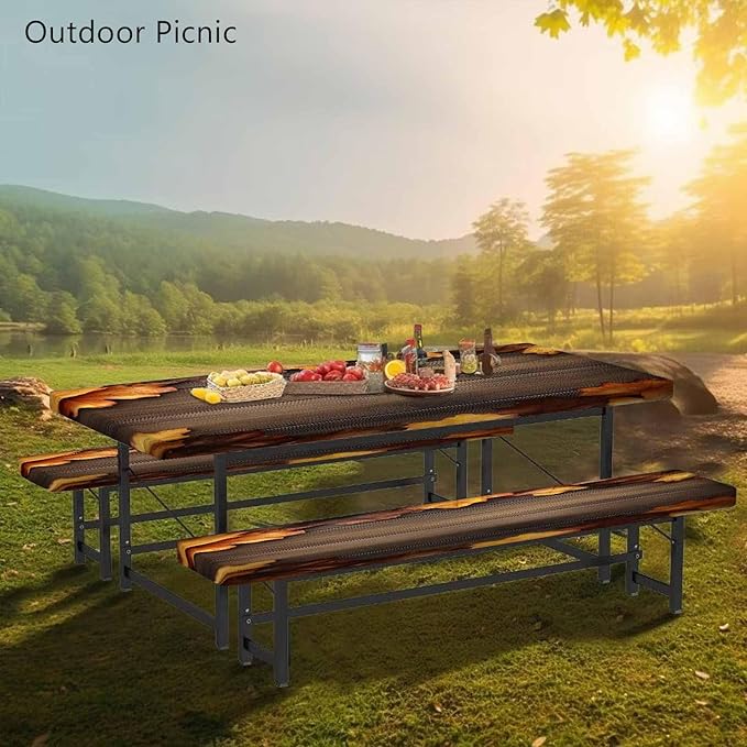 CAPSCEOLL Fitted Picnic Table Cover with Bench Covers with Elastic 8Ft Waterproof Camping Picnic Table Cover Cloths for Outdoors Camping Tablecloth with Drawstring Bag, 96X30in, Brown Wood