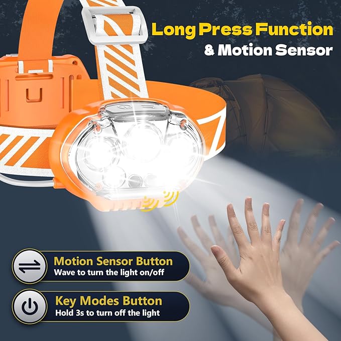 Rechargeable Headlamp, High Lumen 5 LED Head Lamp with Red White Light, IPX4 Waterproof Headlight,8 Mode Head Flashlight for Outdoor Running Hunting Fishing Hiking Camping Gear-Orange