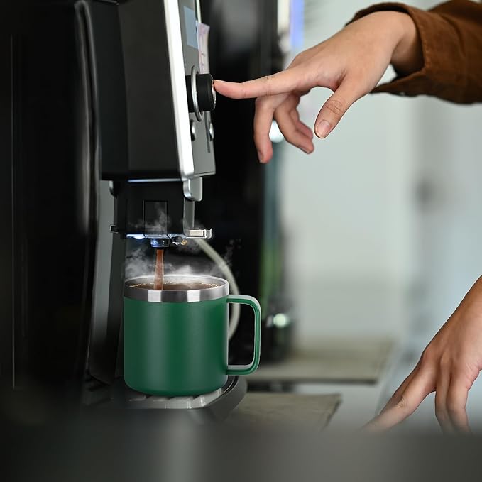 VEGOND 14 oz Insulated Coffee Mug with Handle, Stainless Steel Travel Coffee Mug with Lid, Double Wall Vacuum Metal Coffee Cup, Coffee Tumbler Powder Coated, Dark Green 1 Pack