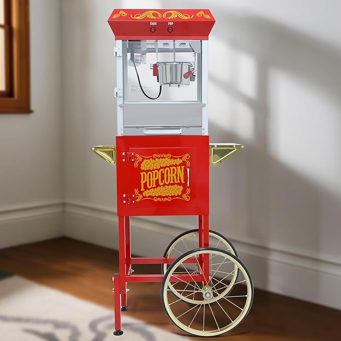 Popcorn Maker Machine - Professional Cart With 8 Oz Kettle Makes Up to 48 Cups, Stainless Steel Vintage Commercial Popcorn Machine Movie Theater Style (Red)