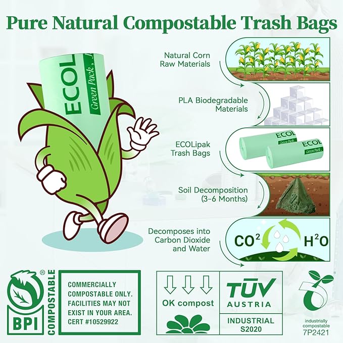 ECOLipak 33 Gallon Compostable Trash Garbage Bags, 50 Count (2 Rolls) Biodegradable Heavy Duty Large Outdoor Trash Bags for Lawn/Yard, US BPI ASTM D6400 and OK Compost Home Certified