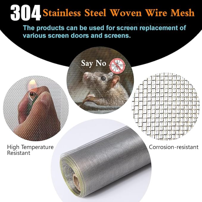304 Stainless Steel Mesh Screen 47"X118"(120X300cm), 1.5mm Hole Metal Net Sheet, Non-Corrosive and Non-Rusting Net Screen for Window, Door 1 Roll, Easy to Cut and Install (22 Mesh)