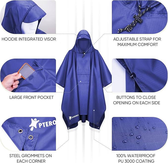 PTEROMY Hooded Rain Poncho for Adult with Pocket, Waterproof Lightweight Unisex Raincoat for Hiking Camping Emergency