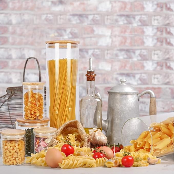 Glass Food Storage Containers Jars with Airtight Bamboo Lid 20 oz 9 pcs, 590 ml Pantry Organization Jar, Glass Terrarium with Lid, Spice, Flour and Sugar Container, Canister Set for Kitchen Counter