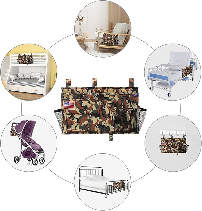 Surblue Bedside Caddy Hanging Organizer Storage Bag Pocket for Bunk, Hospital, College Dorm Rooms, Baby Bed Rails, Camp - 8 Pockets (Large, Jungle)