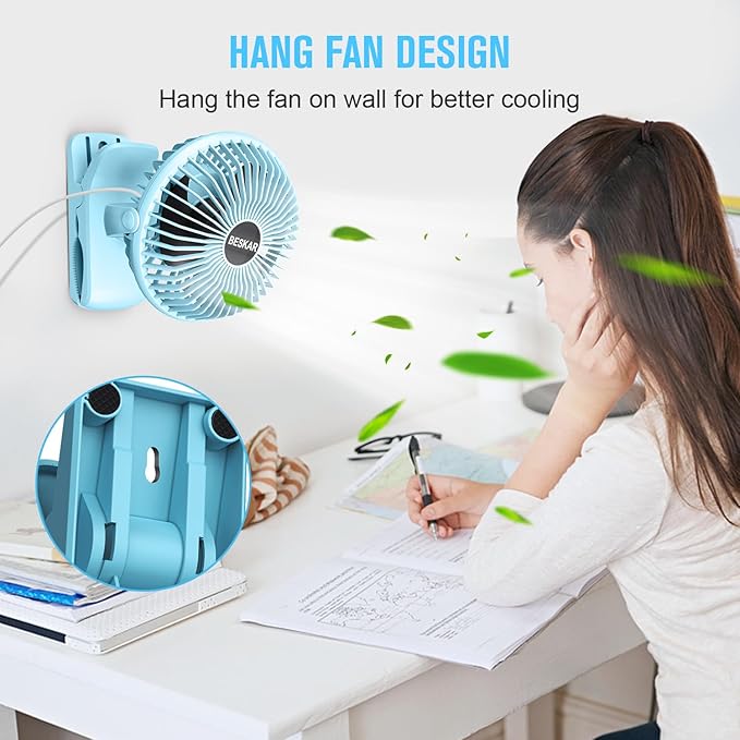 BESKAR Clip on Fan, Portable Small Desk Fans with Strong Airflow, 3 Speeds with Personal Fans Sturdy Clamp, Quiet Desk Fan & Clip Fan with USB Cord Powered - No Battery