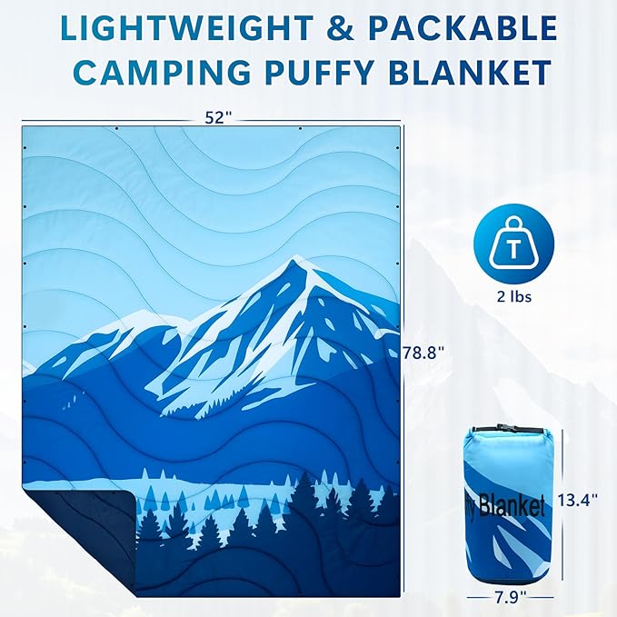 Outdoor Camping Blanket, Packable Down Alternative Puffy Printed Camp Blankets Ultra Warm Lightweight Hammock Top Quilt Waterproof Blanket for Travel Picnic Stadium Hiking Party Cold Weather 55"x78.8"