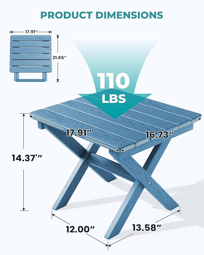 SERWALL Folding Adirondack Side Table, Portable Small Outdoor Table, Weather Resistant Outdoor End Table for Camping and Garden, Navy