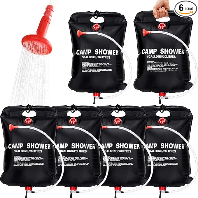 VIHOSE 6 Pcs Solar Shower Bags 5 Gallons/ 20 l Solar Heating Camping Shower Bags with Removable Hose for Camping Beach Swimming Outdoor Traveling Hiking Climbing(Black)
