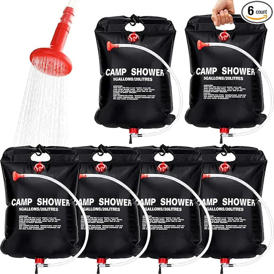 VIHOSE 6 Pcs Solar Shower Bags 5 Gallons/ 20 l Solar Heating Camping Shower Bags with Removable Hose for Camping Beach Swimming Outdoor Traveling Hiking Climbing(Black)