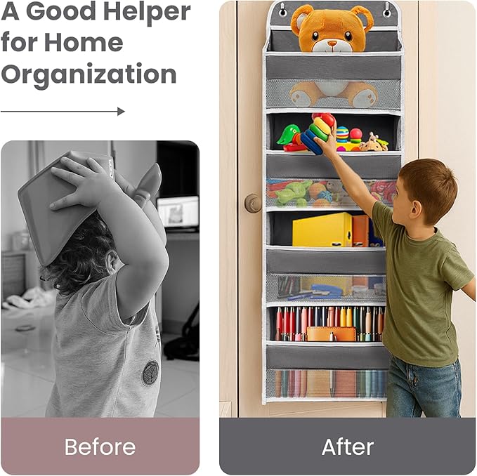 Over The Door Organizer with 4 Side Mesh Pockets, 44lb Weight Capacity Hanging Behind The Door Storage Suitable for Storing Toys, Shoes, Towels, Grey