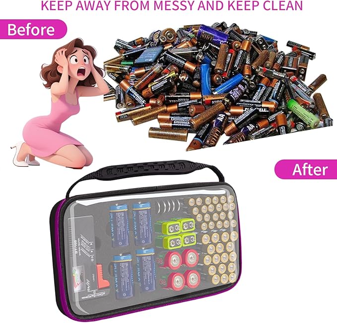 Battery Organizer Storage Case with Tester,Clear Batteries Storage Organizers Holds, Just The Right Size Slot with stable handle,Holds 57 Batteries Various Sizes（Batteries are Not Included）(Purple)