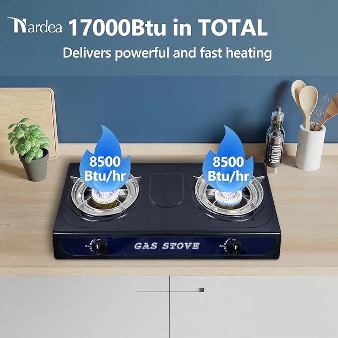 Propane Gas Stove Double Burner, Pulse Ignition LPG Cooktop, 17000 BTU Portable 2 Burner Propane Stove for Outdoor Cooking, camping, tailgating,or Emergencies