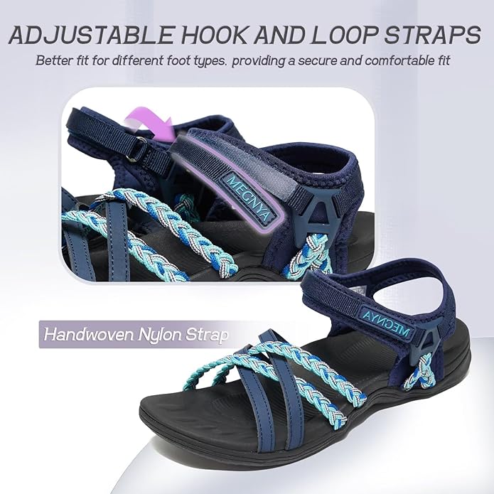 MEGNYA Hiking Sandals for Women, Arch Support Comfortable Walking Sandals Hook Loop Strap, Sports Lightweight Slides