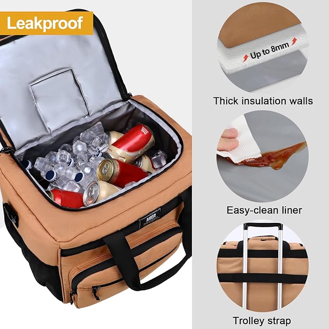MIER 30L Extra Large Soft Cooler Bag with Bottle Opener for Camping Beach BBQ Grocery Golf Leakproof Picnic Lunch Bag, Collapsible, Top Flip Lid, 45Can (Khaki)