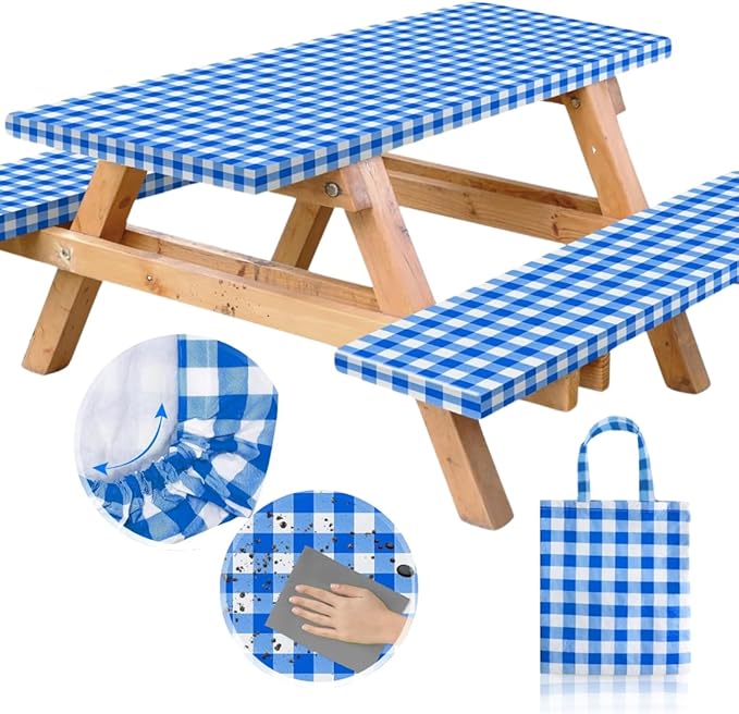 RNOONY Vinyl Fitted Picnic Table Cover with Bench Covers and Bag, Outdoor Waterproof Picnic Tablecloth with Elastic Edges, 96x30 Inches 3 Pcs Set (Blue Checkered)