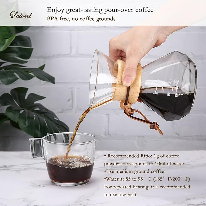 Pour Over Coffee Maker with Stainless Steel Filter, Borosilicate Glass Coffee Carafe, Modern Wooden Collar, Coffee Maker Carafe, Hold 2 Cups, 400 ml/13.5 oz, Clear