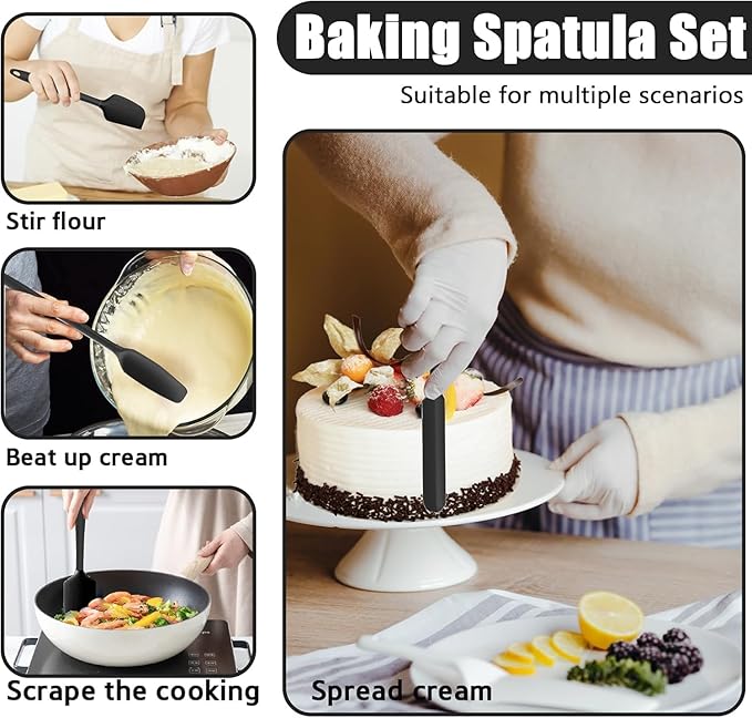 Oven Mitts with Heat-Resistant Hot Pads and Five Silicone Spatulas Designed for Kitchen Baking Cooking, Oven Glove Soft Cotton Lining, Waterproof, BPA-Free (Black& Trivet, 12.6)