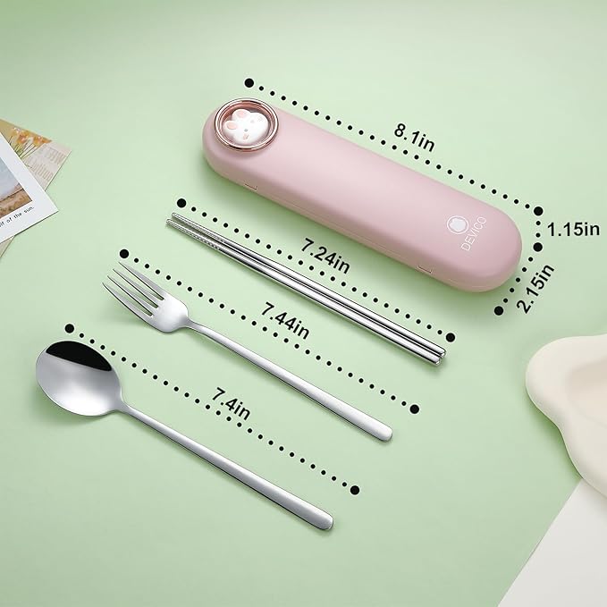 DEVICO Travel Utensils with Case Cute, Reusable Silverware for Lunch, Portable Cutlery Set, 18/8 Stainless Steel Fork Spoon Chopsticks in Cartoon Case, Dishwasher Safe (Pink)