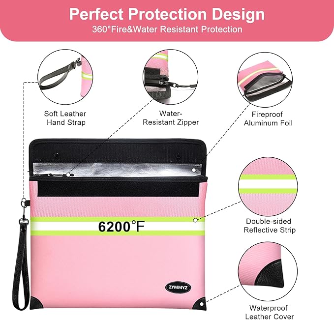 6200℉ Insulated Fire Proof Money Bag for Cash,Fireproof Waterproof Document Pouches with Double-Sided Reflective Strip,Money Envelopes for Cash,Valuables,Jewelry