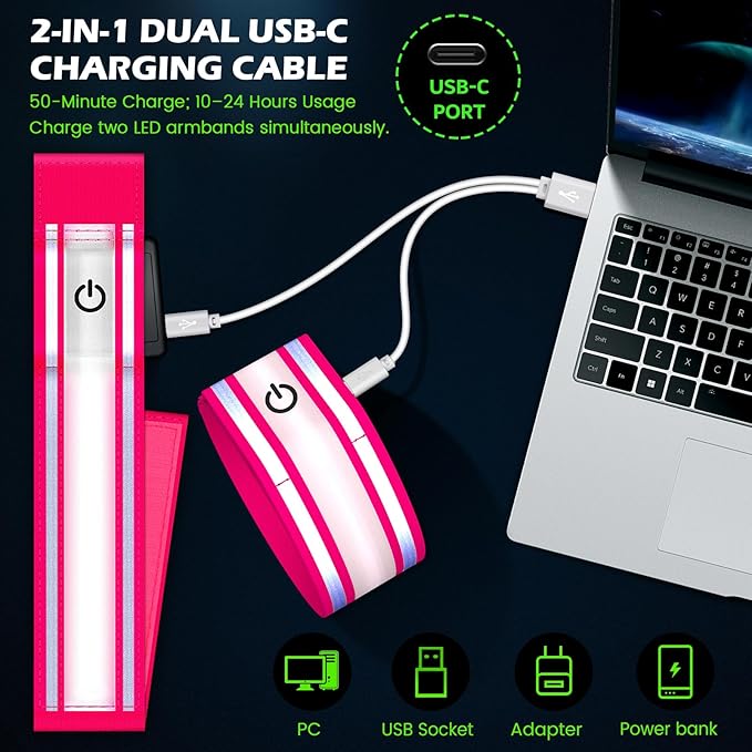 LED Armband for Running 2 Pack, 5 Colors 3 Lights Modes Rechargeable Reflective Light Up Arm Bands, High Visibility Reflective Gear for Running Walking Cycling at Night (Pink)