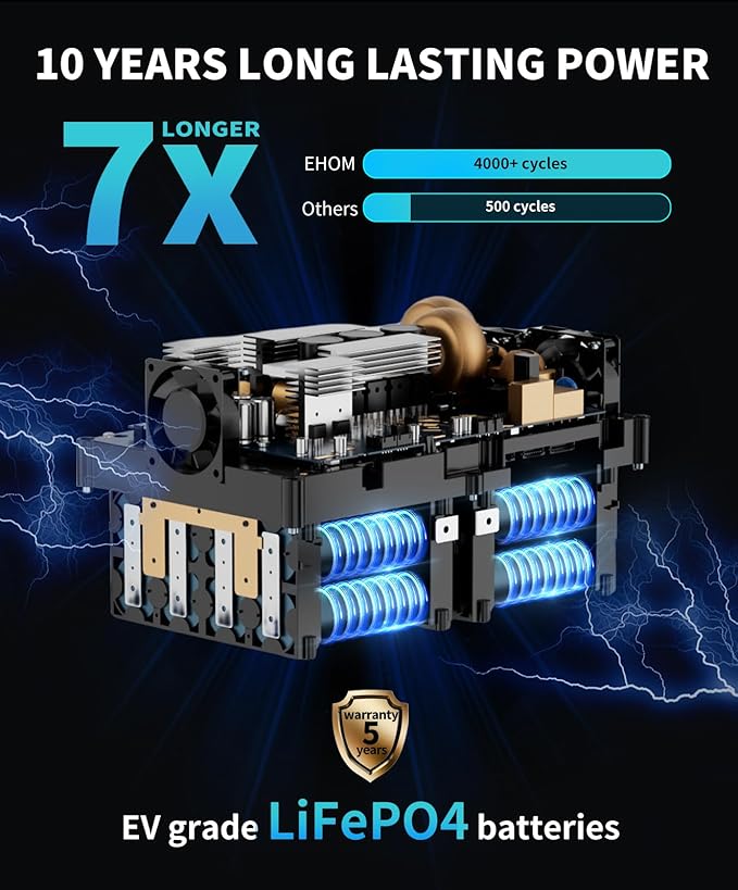 EHOM Portable Power Station, EP1650 1024Wh LiFePO4 EVE Battery Solar Generator Backup 120V AC/DC/USB, 1650W (Peak 2200W) Mobile Power Supply as Emergency Generator for RV Off-Grid Home Outdoor Camping