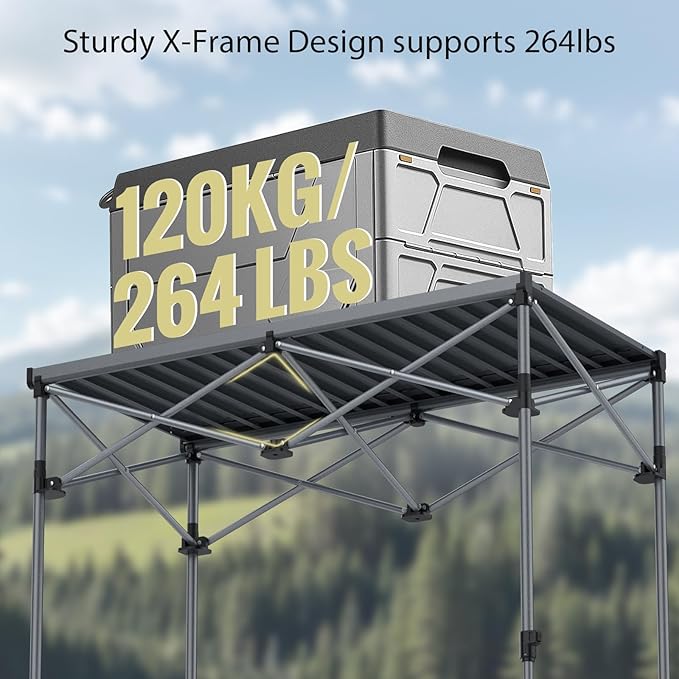 Camping Table Foldable, 2 Adjustable Height 34.2”, Large Roll Up Camping Table Support 264lbs with Storage Basket and Bag, Aluminum Outdoor Table, for Picnic Travel BBQ, 39.4” x 19.7”, Black