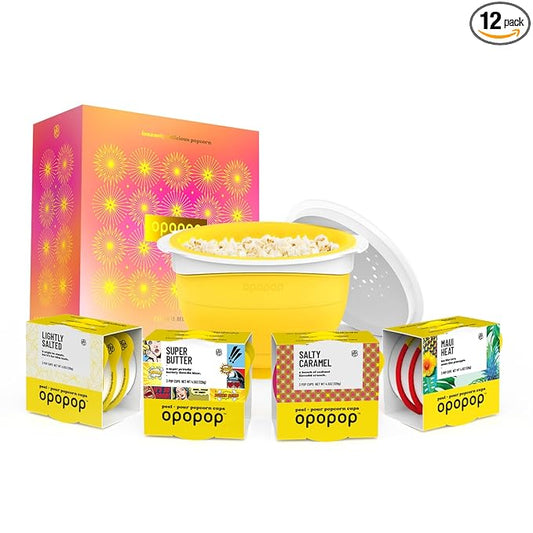 Opopop Gourmet Popcorn Gift Set - Variety 12-Pack Microwave Popcorn Kit, Collapsible Silicone Popcorn Popper, Gift Ready Packaging, Gluten Free Snacks Variety Pack, BPA-Free and Dishwasher Safe